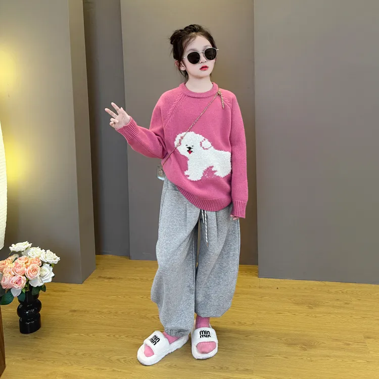 女童针织春秋装2025新款儿童韩版洋气刺绣小狗毛衣阔腿休闲裤套装