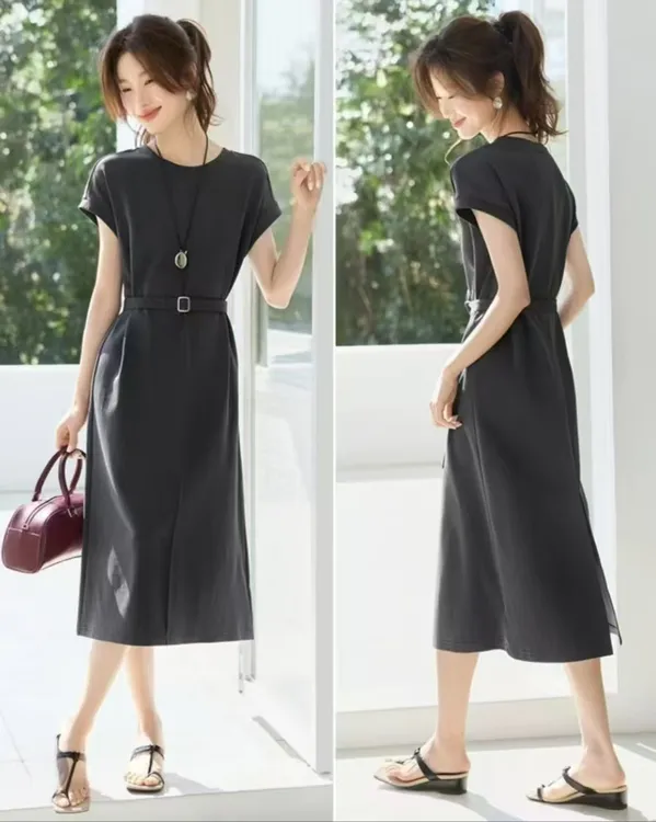 夏季时尚百搭长裙法式华夫格连衣裙灰色休闲中长款潮牌