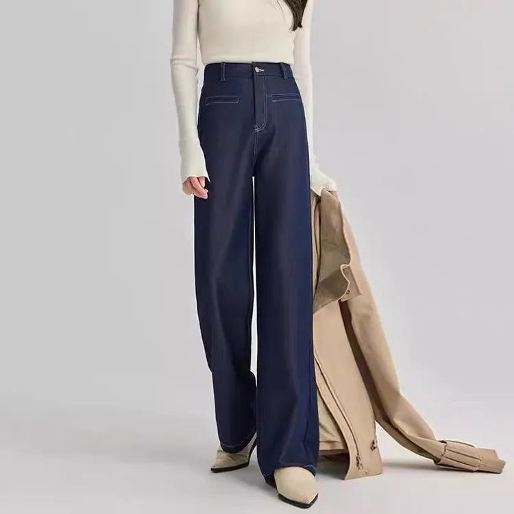 丹宁蓝窄版直筒牛仔裤女2025春秋季新款高腰显瘦小个子拖地阔腿裤