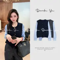 Davida Yu【假两件】麻花结拼接针织开衫绵羊毛韩系百搭毛衣 66222