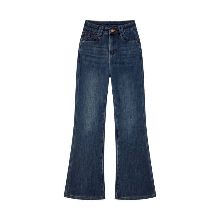 灿灿私服【波尔多蓝】加绒冬季弹力宽松微喇裤高腰显高百搭女牛仔裤