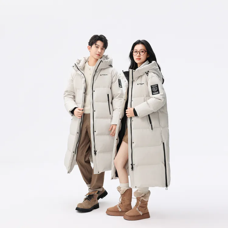鸭鸭奢选【长城系列】男女同款过膝长款情侣款户外时尚连帽羽绒服