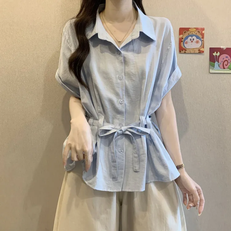 Polo领短袖打底衬衫女夏2025大码胖mm显瘦遮肚设计感系带收腰上衣