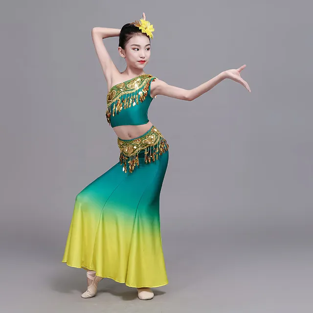新款儿童傣族舞蹈服装女童孔雀舞演出服包臀鱼尾裙少儿优质民族服
