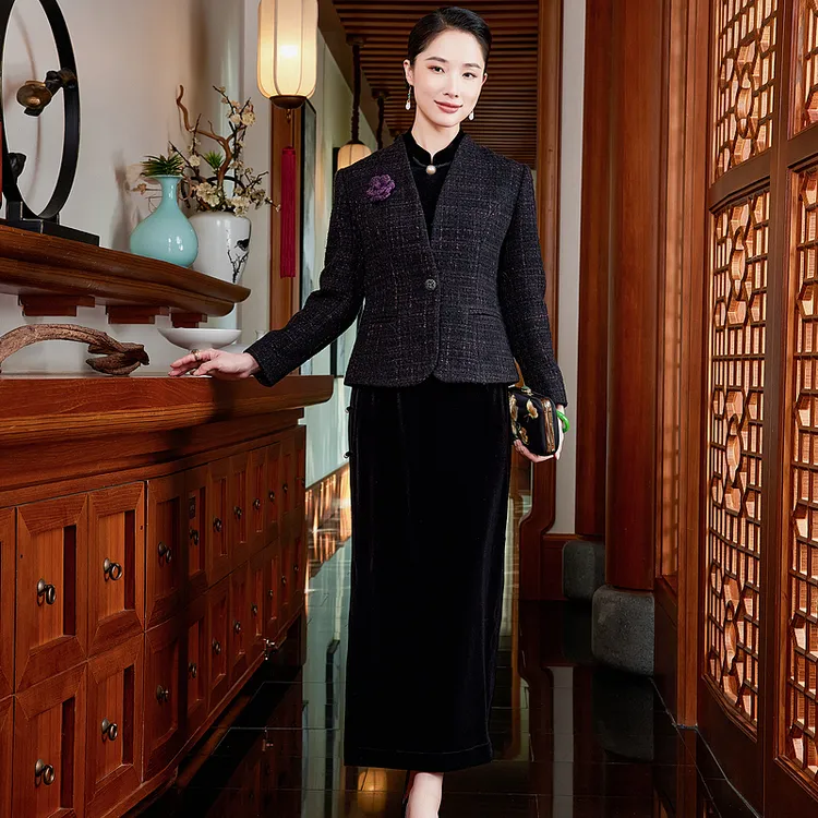 【碎月沉香】粗花呢黑复古中式时尚短款气质显瘦职场外套上衣W25236