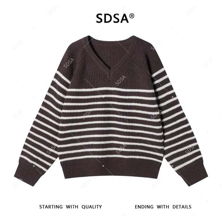 SDSA男士2025新款轻奢痞帅男装美式撞色条纹V领套头针织毛衣百搭