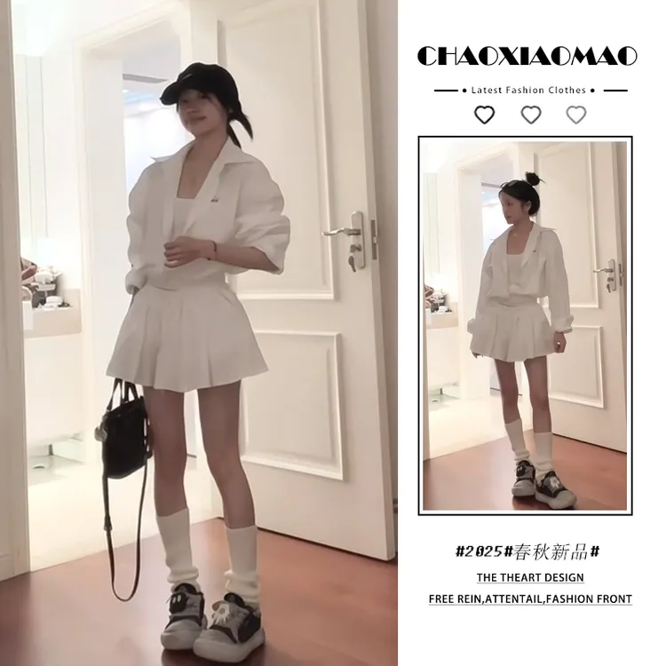2025年秋季新款韩穿搭套装女甜美辣妹短款衬衫白色半身裙两件套潮