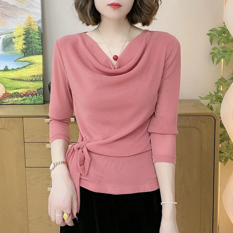 新款弹力网纱堆堆领长袖小衫女秋季薄款系带收腰显瘦T恤纯色上衣