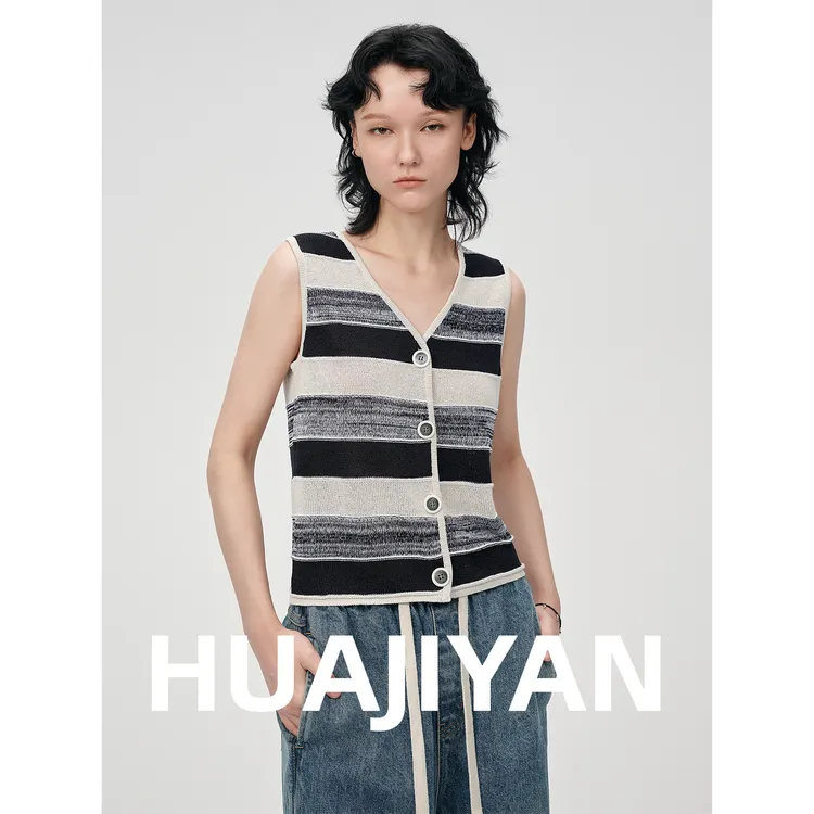 华吉言/HUAJIYAN【布鲁斯】亚麻天丝混纺开门襟针织条纹马甲