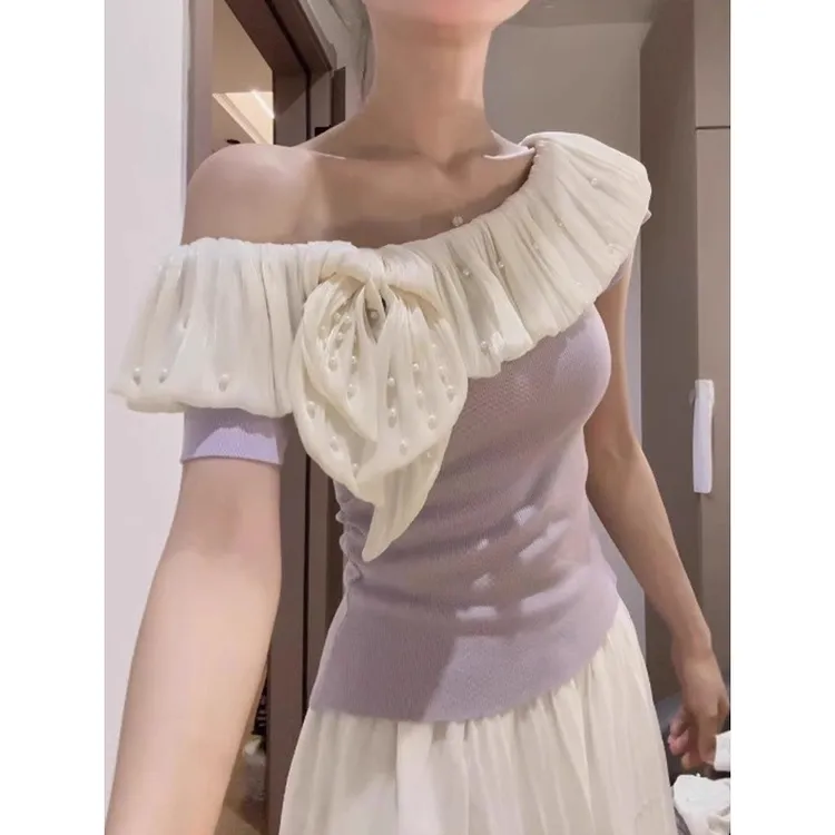 气质荷叶边钉珠斜肩短袖恤女夏季2025新款修身洋气别致绝美上衣