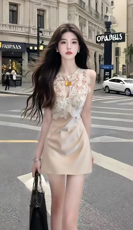 法式温柔知性风杏色圆领无袖收腰减龄连衣裙时尚气质氛围感女装
