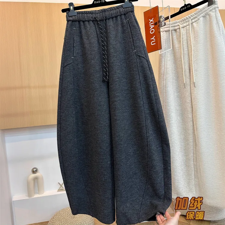 高端欧货秋冬款束脚时尚加绒加厚抽绳松紧高腰显瘦毛呢弯刀阔腿裤