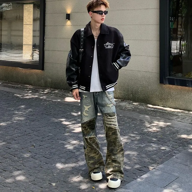 美式潮牌cleanfit水洗做旧迷彩拼接牛仔裤男女高街复古宽松直筒裤