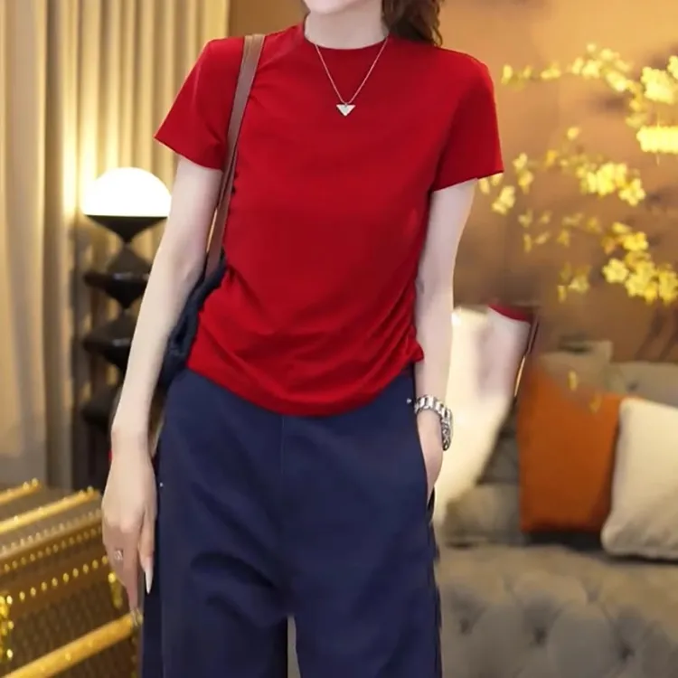 气质圆领正肩短袖t恤2025夏季新款胖mm大码女装遮肚藏肉显瘦上衣