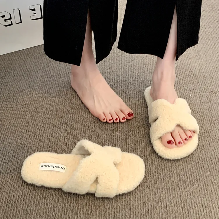 爆款毛毛拖鞋女2025秋季新款外穿百搭时尚一字拖平底舒适棉拖鞋子
