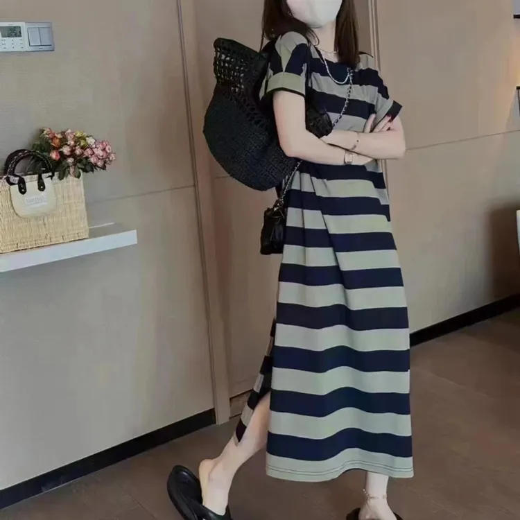 KKJ 欧洲站夏季新款慵懒风条纹撞色中长款侧开叉连衣裙过膝长T裙