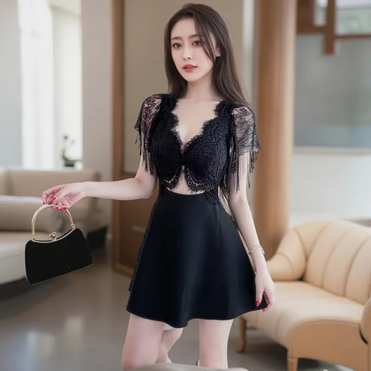 性感流苏连衣裙修身夜场连衣裙黑色气质温泉诱惑夜场蕾丝短款遮肚