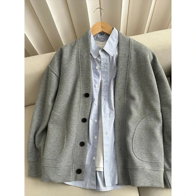 cleanfit灰色华夫格卫衣开衫外套男款秋季美式慵懒风宽松情侣夹克