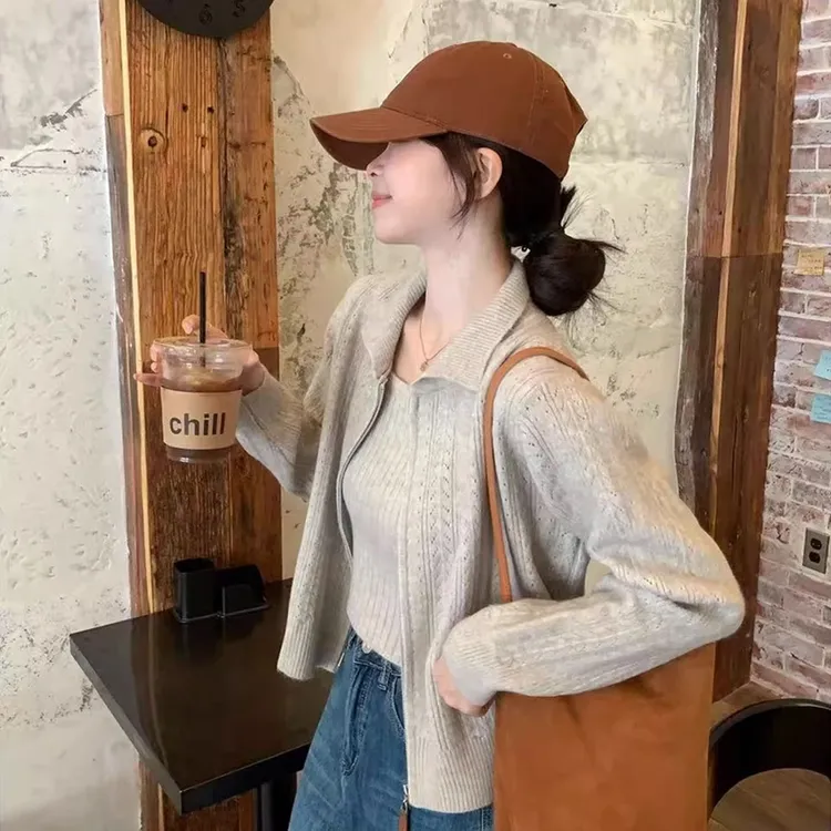 时尚针织两件套女2025秋季新款内搭吊带背心+长袖开衫