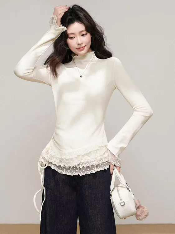 ANDEARDI“精致芭蕾” 花边半高领蕾丝拼接收腰捏褶长袖打底