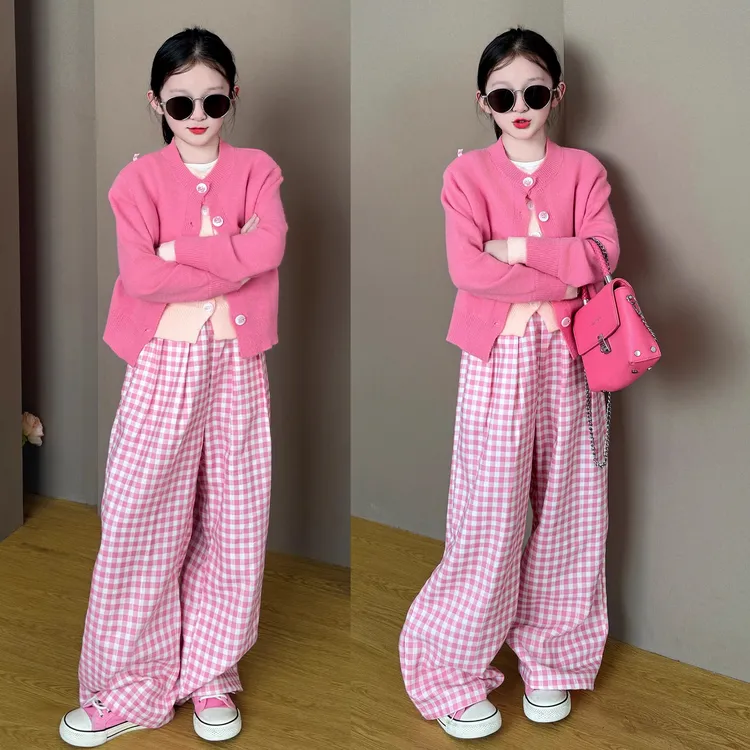 女童2025新款韩系穿搭甜美休闲假两件毛衣宽松格子阔腿裤两件套潮