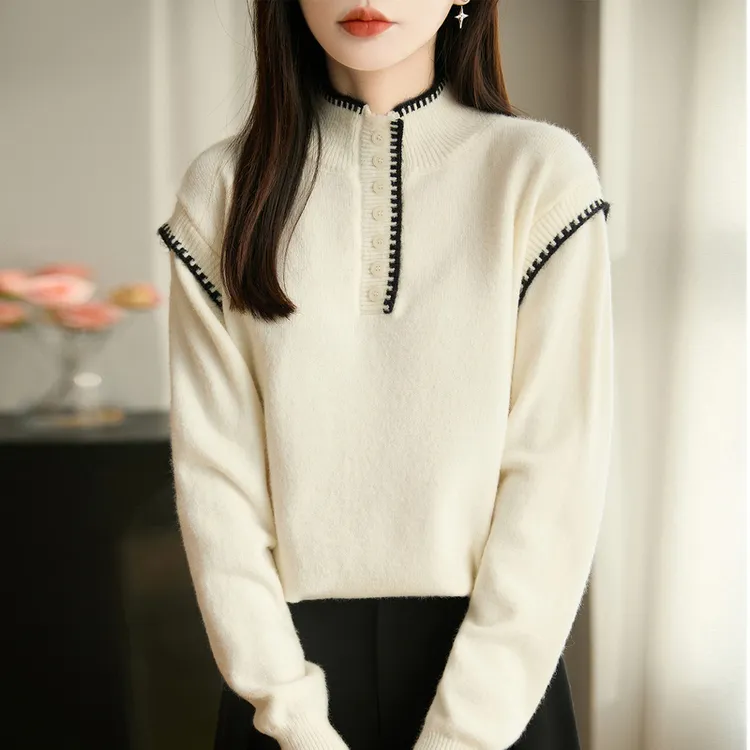 皮尔卡丹新款气质撞色半高领针织衫时尚百搭秋冬套头保暖打底上衣