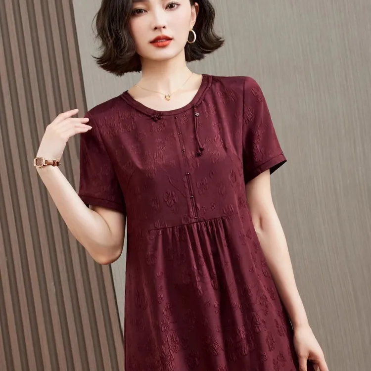 妈妈婚宴礼服喜婆婆真丝连衣裙2025夏新款专柜正品短袖桑蚕丝裙子