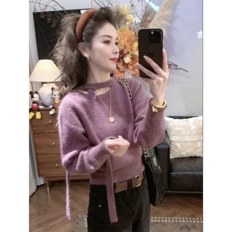 时尚飘带不规则开叉领毛衣女秋冬2025新款高级感洋气减龄百搭上衣