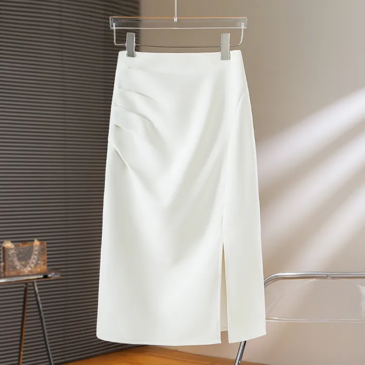 拉夏贝尔高级感白色半身裙女夏季薄款2025新款中长款开叉包臀裙子