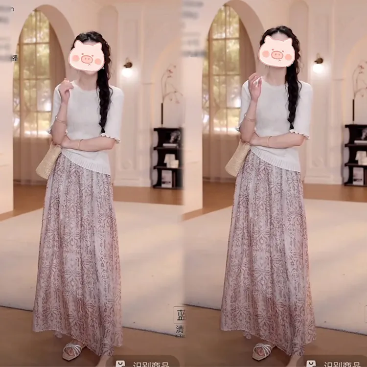 拼色时尚套装裙女装新款纯色上衣短袖碎花显瘦减龄长裙穿搭一整套