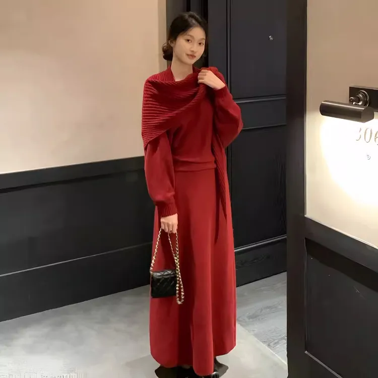慵懒风休闲风老钱风时尚套装裙子网红百搭时尚针织披肩红色三件套