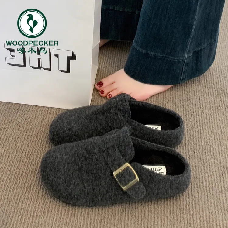 啄木鸟高级感灰色勃肯鞋女2025年冬季新款韩版赫本风毛呢半拖棉鞋商品图