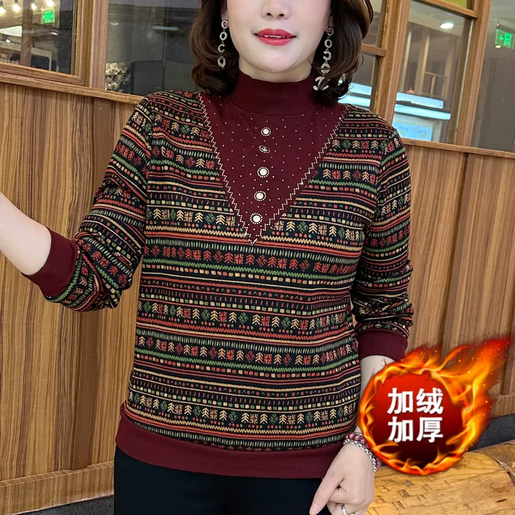 秋冬新款潮流百搭休闲打底衫时尚半高领女装烫钻设计洋气妈妈装