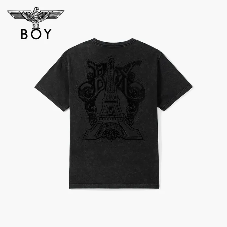BOYLONDON春夏男女同款铁塔植绒印花朋克潮牌针织短袖T恤N01131