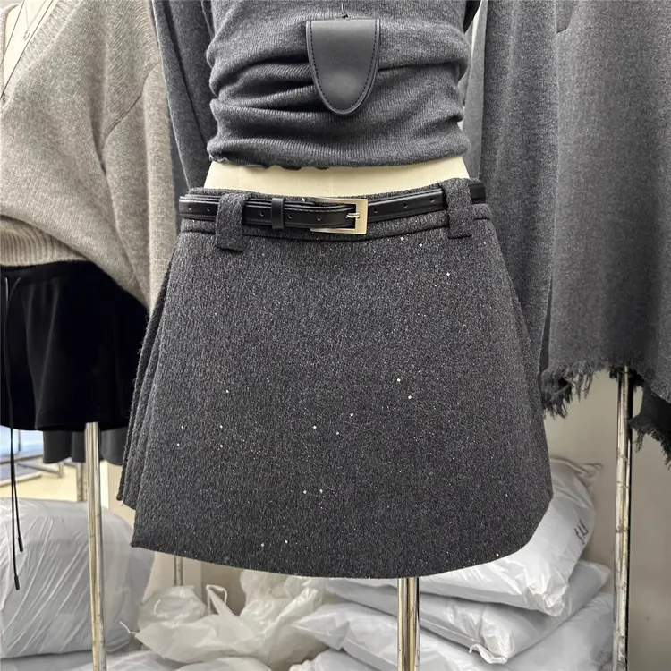 设计感亮片开叉毛呢裙裤女装2025年秋冬季新款韩系高腰包臀短裙