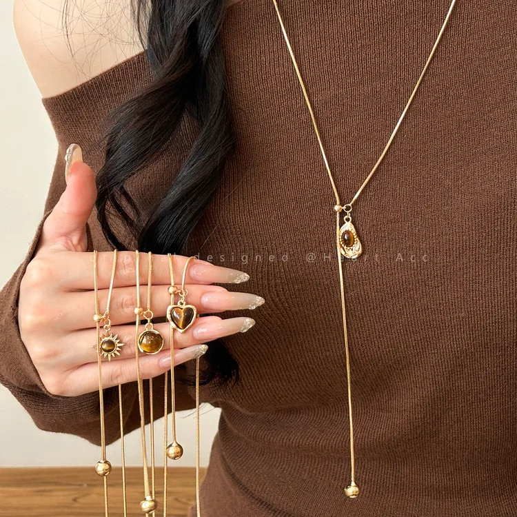 铜合金项链 虎眼石长款抽拉项链女复古美拉德气质毛衣链秋冬配饰