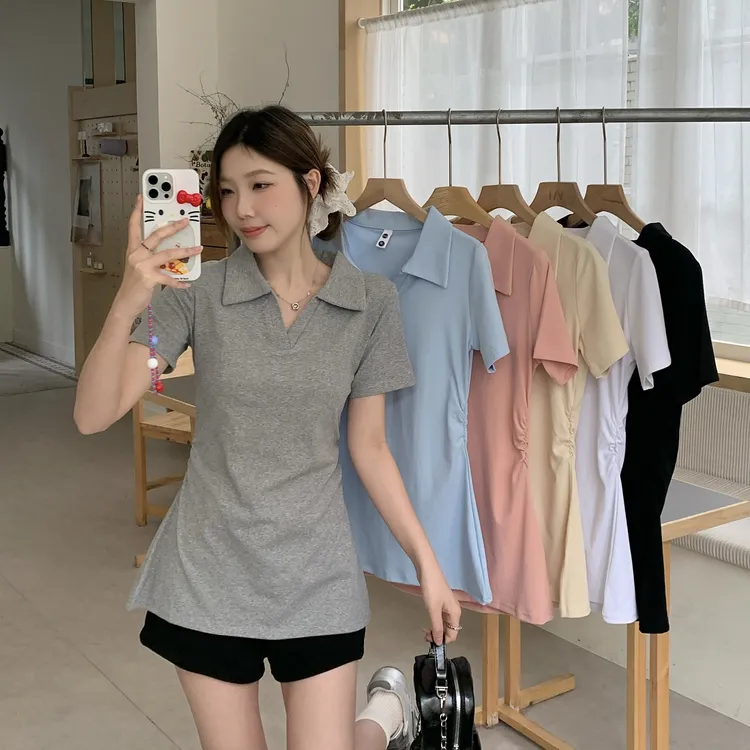 胖mm大码正肩POLO领设计感褶皱收腰夏季新款显瘦遮肚简约短袖T恤