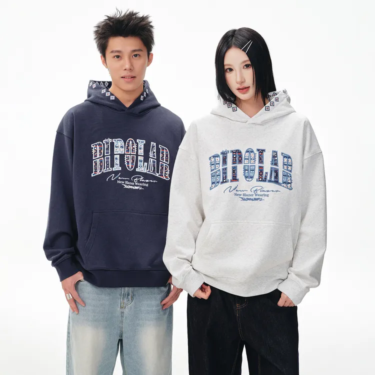 BIPOLAR民族风印花贴布三拼美式休闲连帽情侣连帽卫衣 18S208
