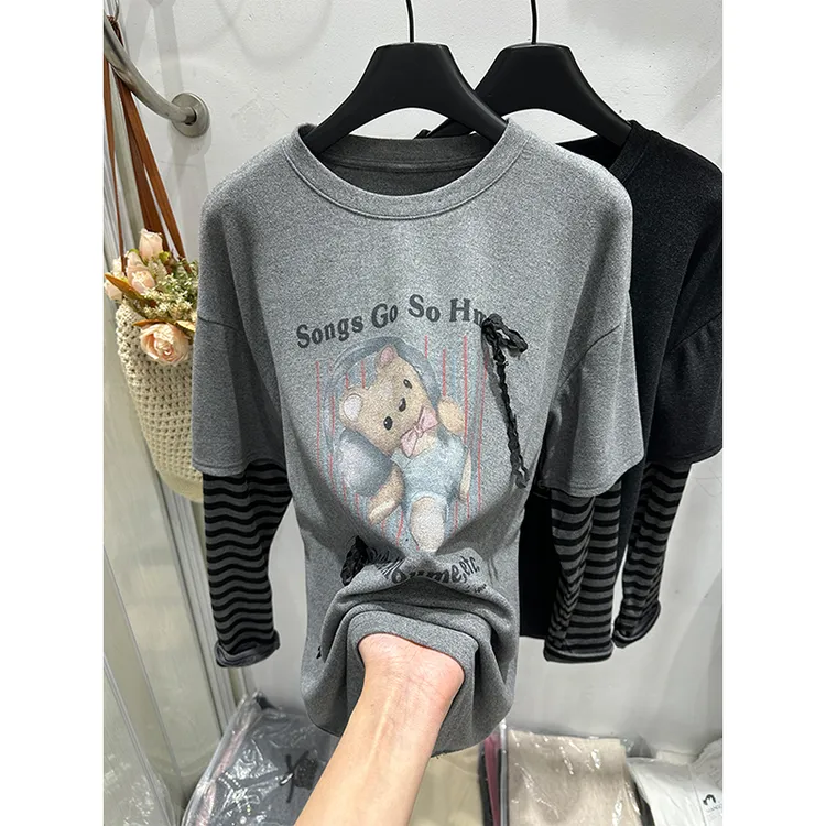 美式小熊蕾丝蝴蝶结条纹磨毛长袖卡通假两件T恤打底衫宽松上衣冬