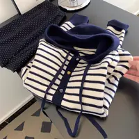 韩系软糯撞色条纹连帽毛衣外套女秋季大码胖MM显瘦宽松针织衫上衣