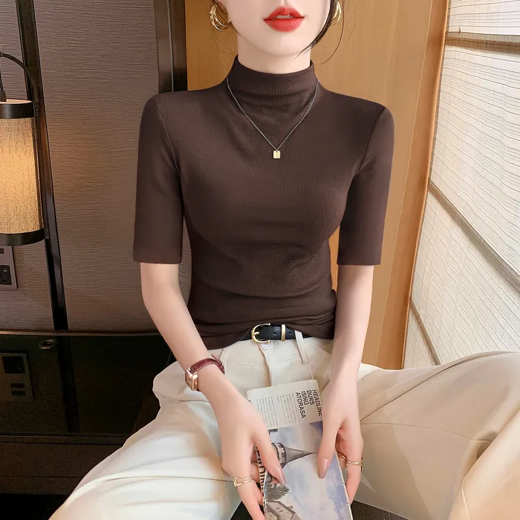气质中袖T恤女针织半高领打底衫内搭春秋季洋气韩系修身半袖上衣