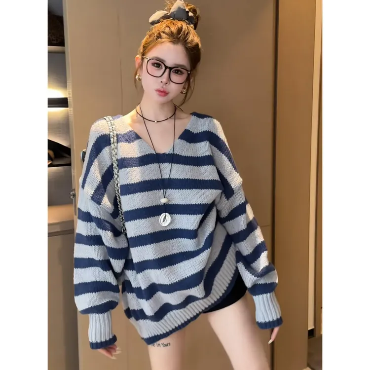 米娜【条纹调性】泡菜订制灰蓝条纹针织大版毛衣时尚慵懒风撞色上衣