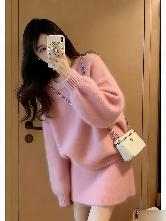 温柔甜美风粉色毛绒毛衣女长袖软糯百搭针织大码女装套装针织衫