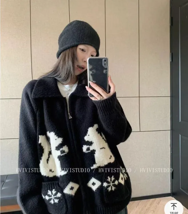 【首发➕运费险】韩系慵懒小松鼠提花毛衣外套韩系宽松针织开衫外套