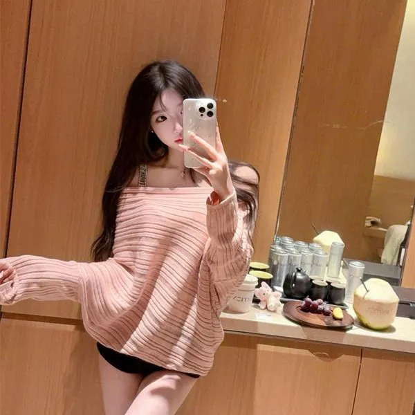 早秋慵懒漫步 宽松法式露肩针织上衣气质温柔松紧弹力百搭女显瘦