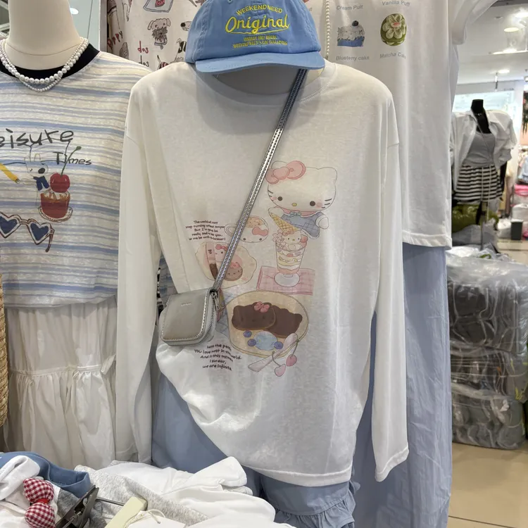 冰感~雪花棉kt猫印花长袖t恤女夏防晒罩衫微透可爱休闲圆领上衣