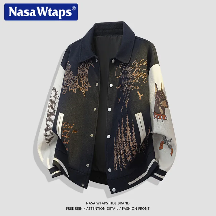 NASA WTAPS重工刺绣呢料夹克男春秋新款美式廓形飞行员棒球服外套