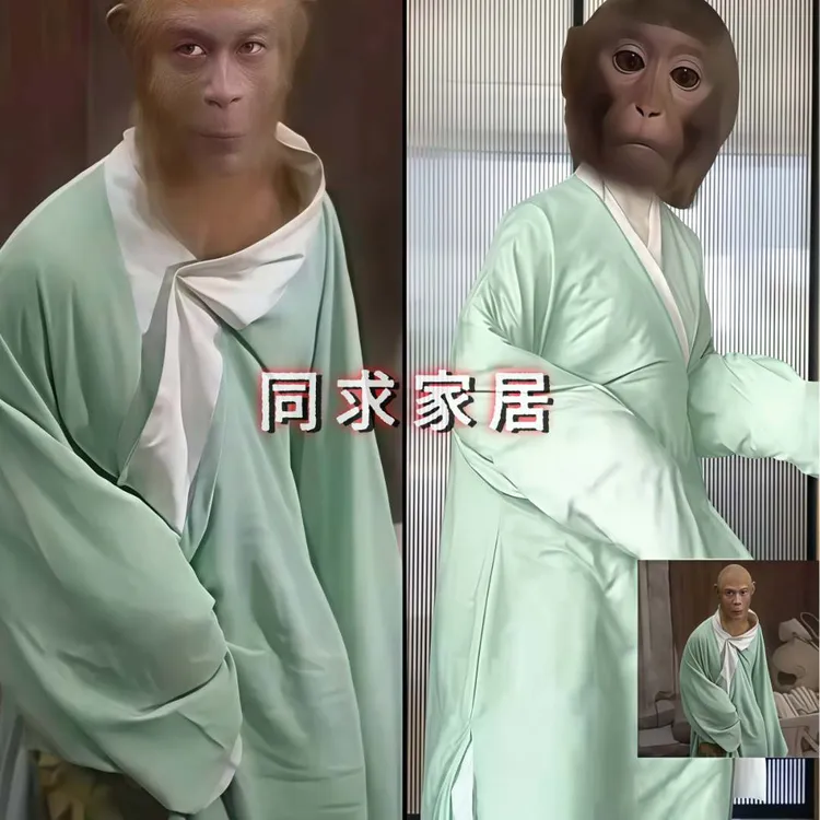 猴哥同款绿色长衫睡袍宽松学生情侣可外穿男女冬季加厚孙悟空睡衣
