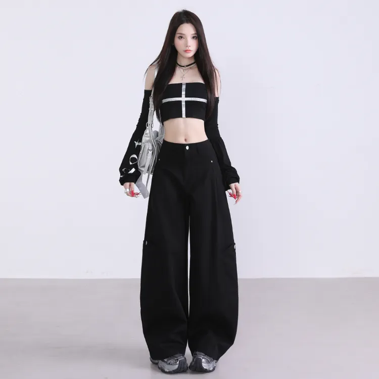 黑色美式老钱风工装休闲裤女2025秋季新款宽松显瘦慵懒百搭弯刀裤