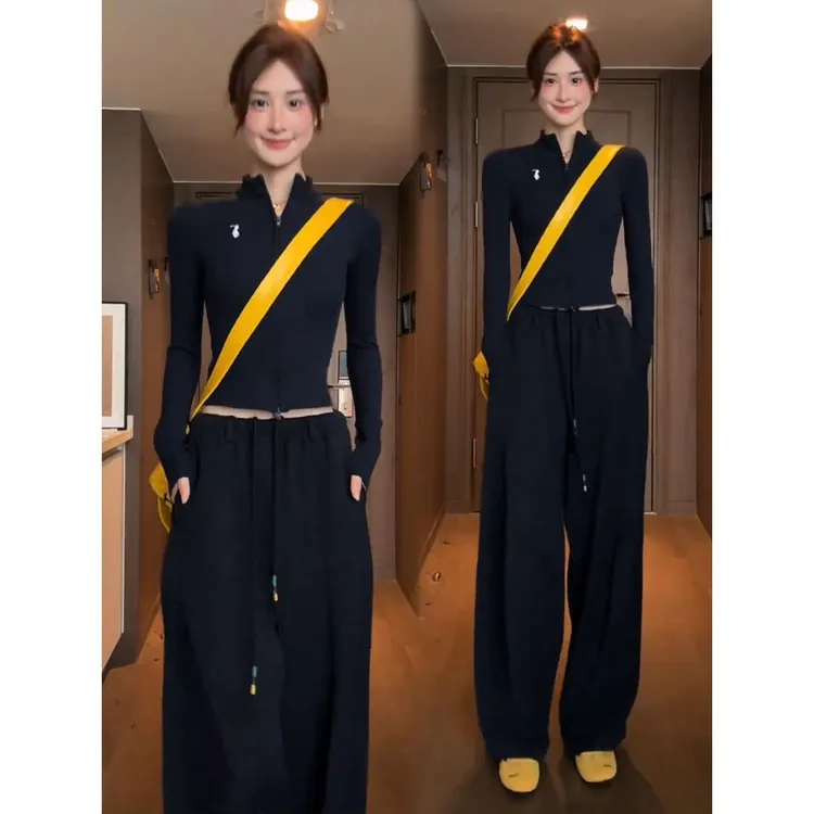 时尚休闲套装女2025秋季新款时髦洋气拉链立领上衣阔腿裤两件套潮